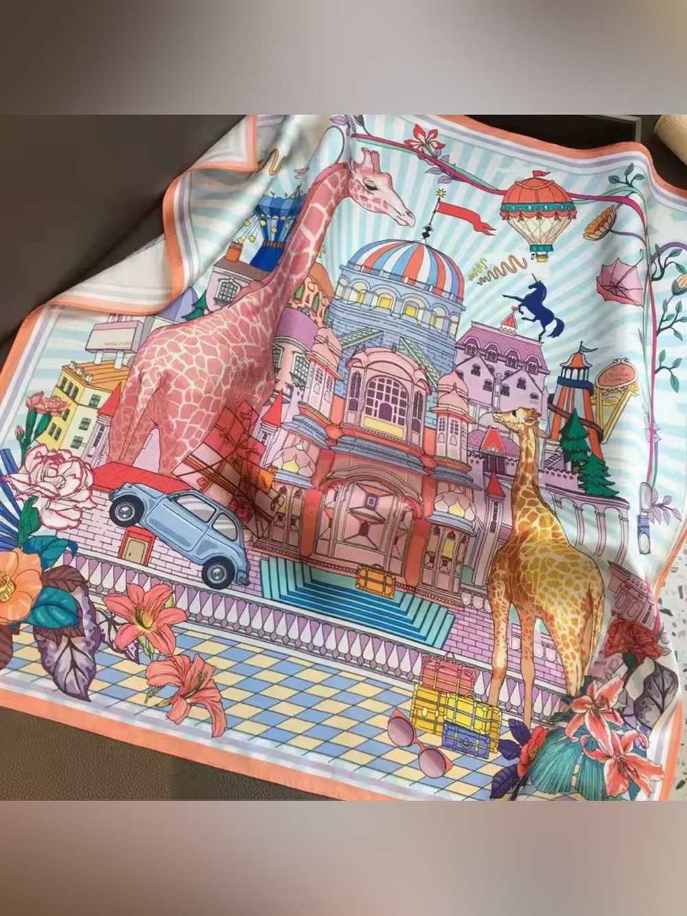 Silk-Feel Printed Giraffe & Cityscape Scarf in Pastel Pink